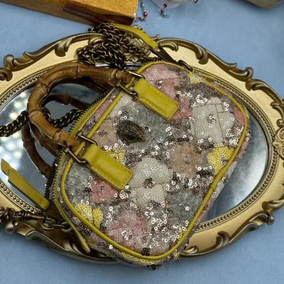 🆕 KURT GEIGER LONDON 🧿 NWOT XS Kensington Duffle, Yellow Floral Sequins - Picture 14 of 16